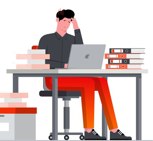 デスクに座って、悩んでいる人のイメージ